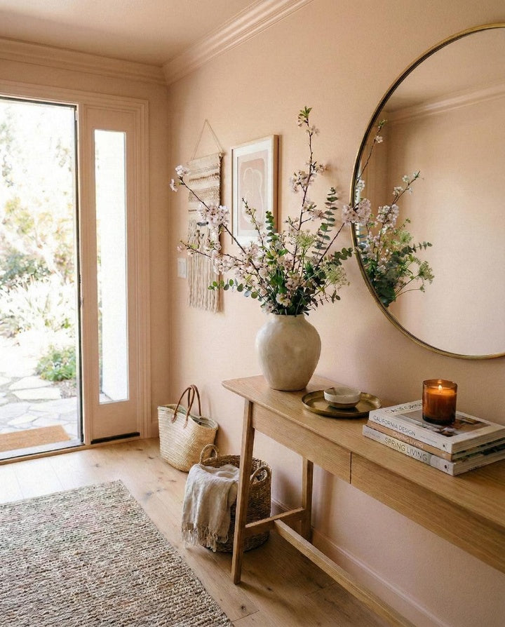 Flowering branches and greenery in a vase on a warmly styled entryway console