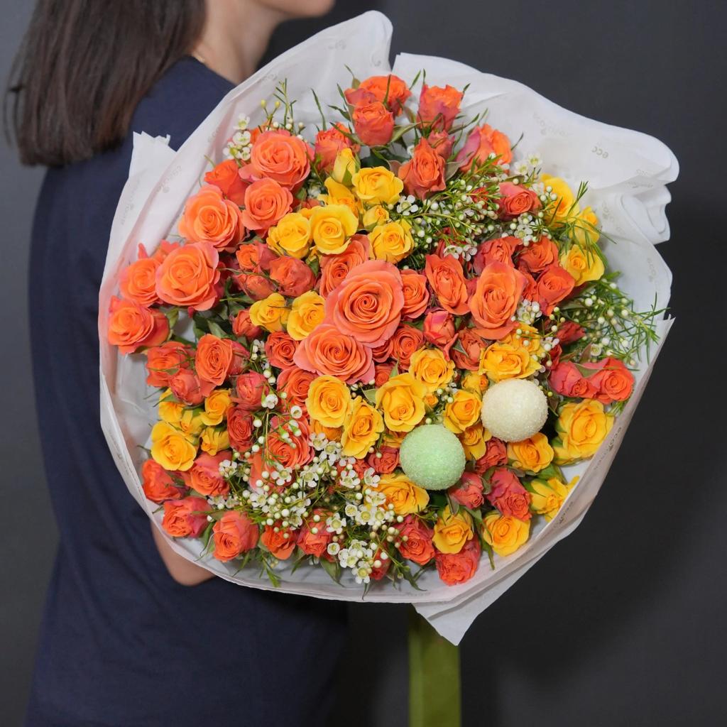 Sunshine Bouquet with orange and yellow roses and seasonal flowers