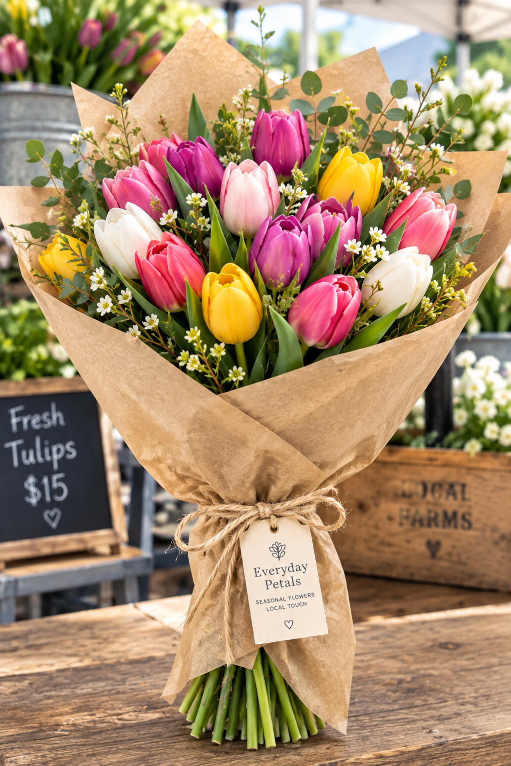 Long Island Garden Tulips in colorful seasonal shades wrapped in kraft paper