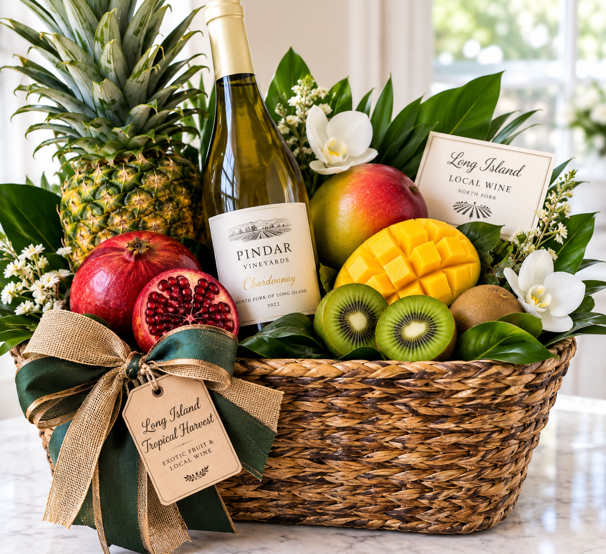 Long Island Tropical Harvest Gift Basket with wine and exotic fruits