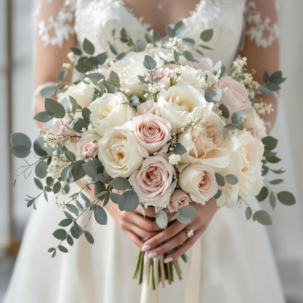 Bride holding a cream and blush rose bouquet with eucalyptus