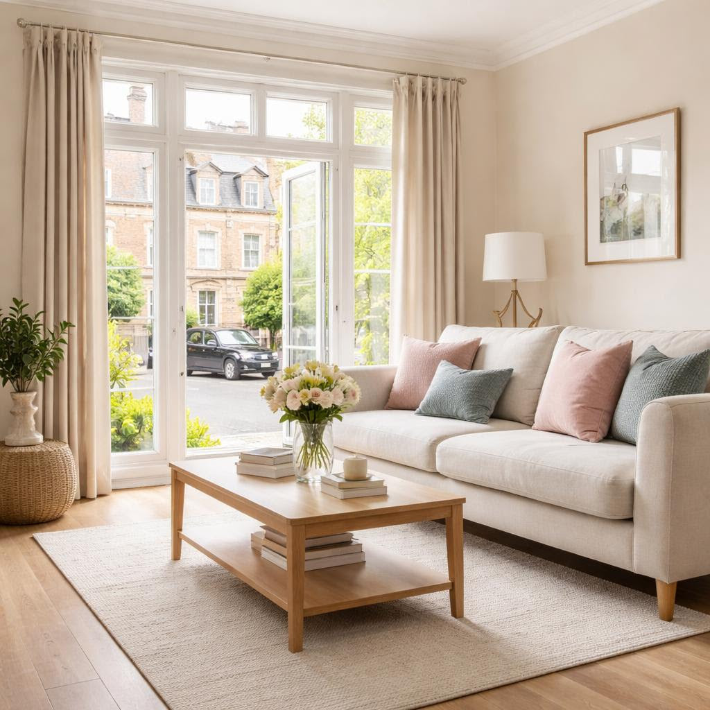 Fresh flowers on a coffee table in a bright neutral living room