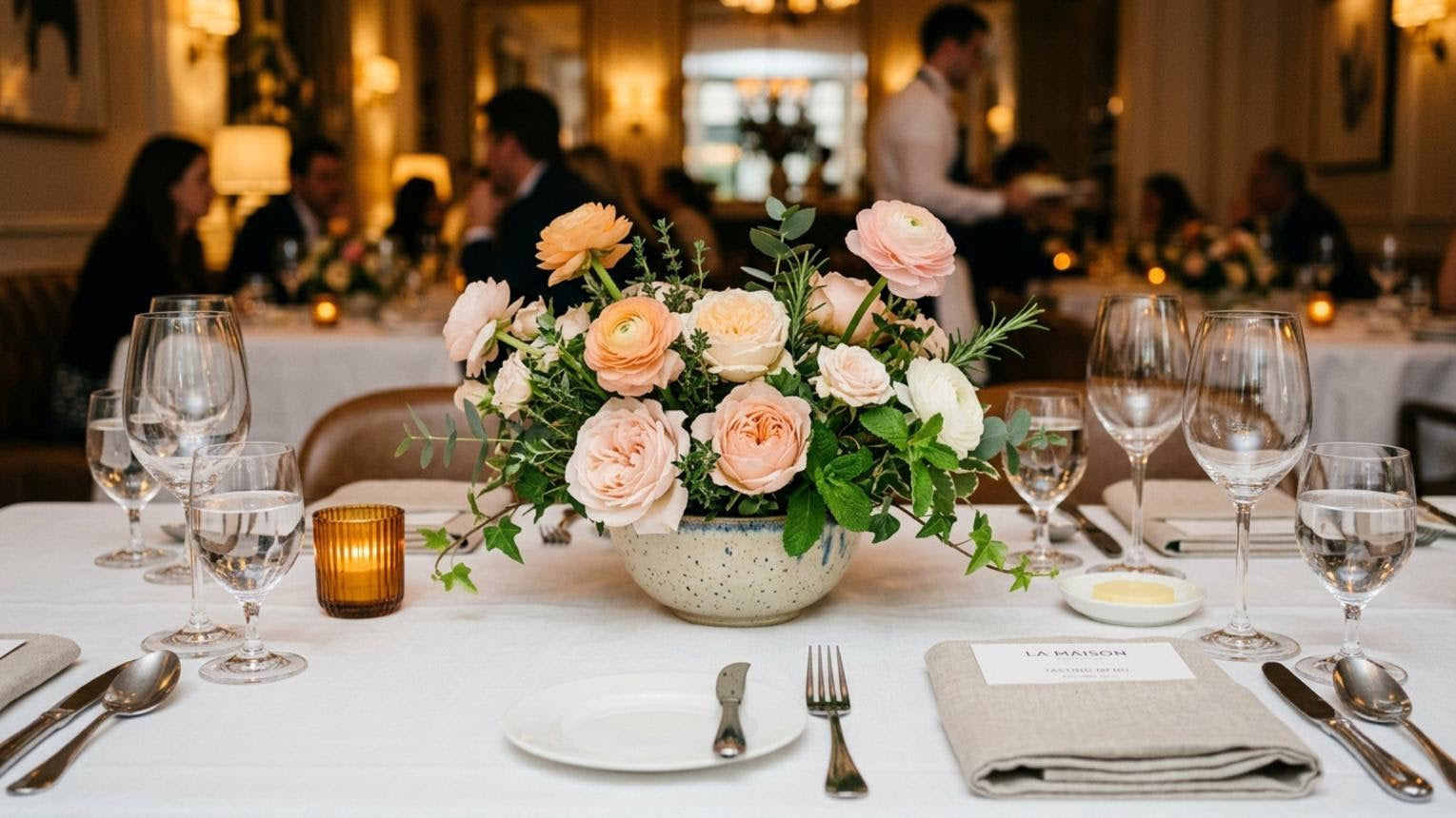 Seasonal floral centerpiece at an intimate restaurant dinner