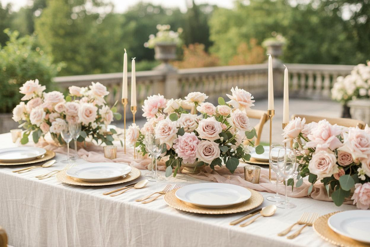 Blush and cream floral centerpieces on an outdoor wedding table